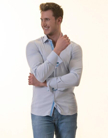 Blue French Cuff Shirt – Slim Fit Long-Sleeved Shirt (Blue White Polka Dot Inside)