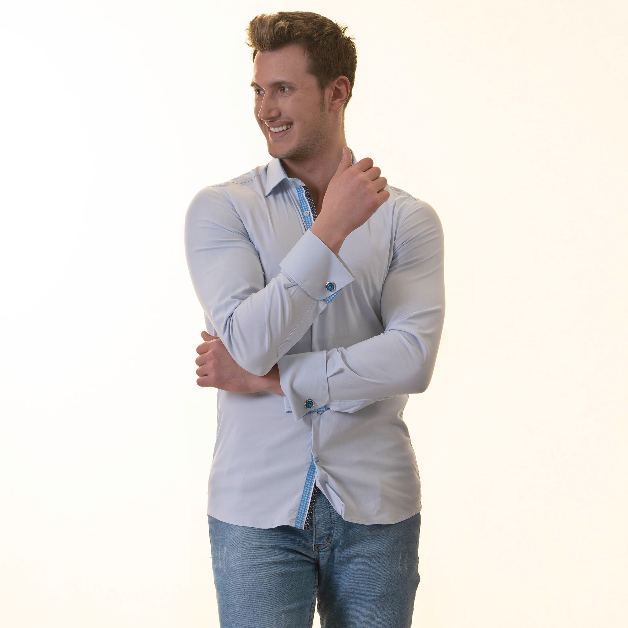 Blue French Cuff Shirt - Slim Fit Long-Sleeved Shirt (Blue White Polka Dot Inside) - Image 7