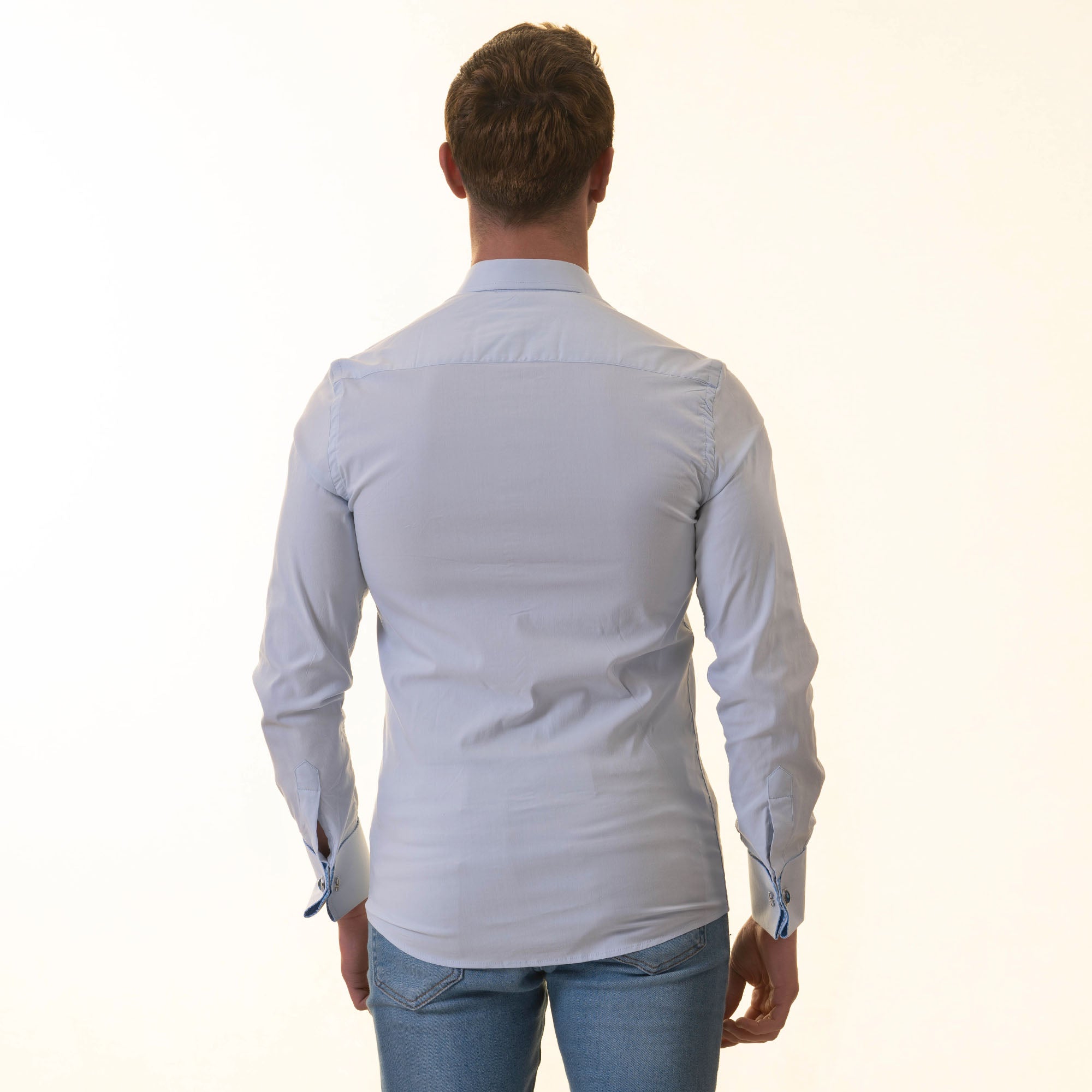 Blue French Cuff Shirt - Slim Fit Long-Sleeved Shirt (Blue White Polka Dot Inside) - Image 4