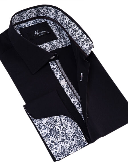 Black French Dubble Cuff Shirt – Slim Fit Long-Sleeved (Geometric Pattern Inside)