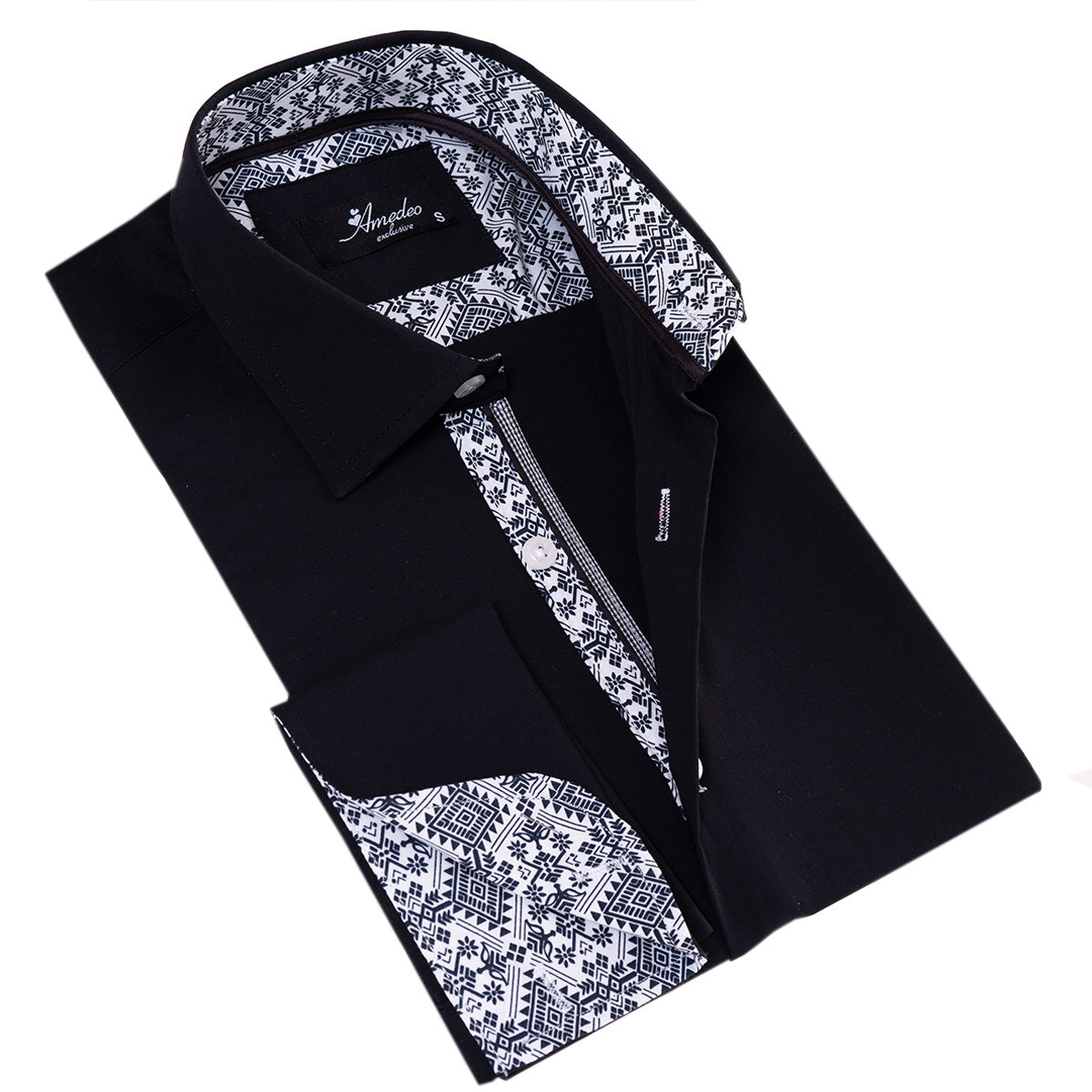 Black French Dubble Cuff Shirt – Slim Fit Long-Sleeved (Geometric Pattern Inside)