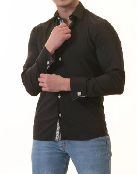 Black French Dubble Cuff Shirt – Slim Fit Long-Sleeved (Geometric Pattern Inside)