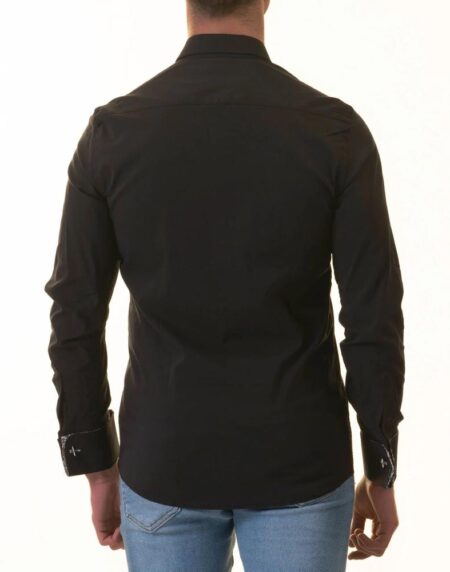 Black French Dubble Cuff Shirt – Slim Fit Long-Sleeved (Geometric Pattern Inside)