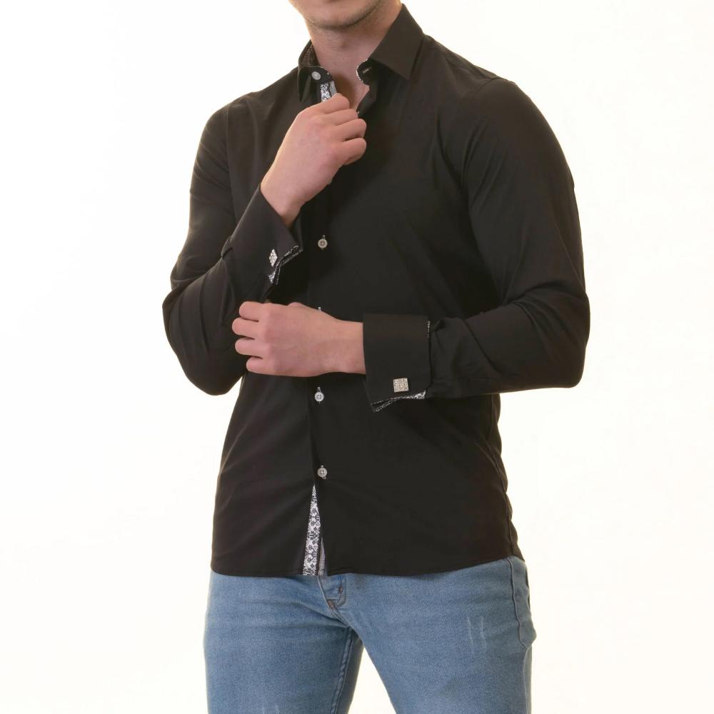 Black French Dubble Cuff Shirt - Slim Fit Long-Sleeved (Geometric Pattern Inside) - Image 2