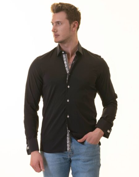 Black French Dubble Cuff Shirt – Slim Fit Long-Sleeved (Geometric Pattern Inside)