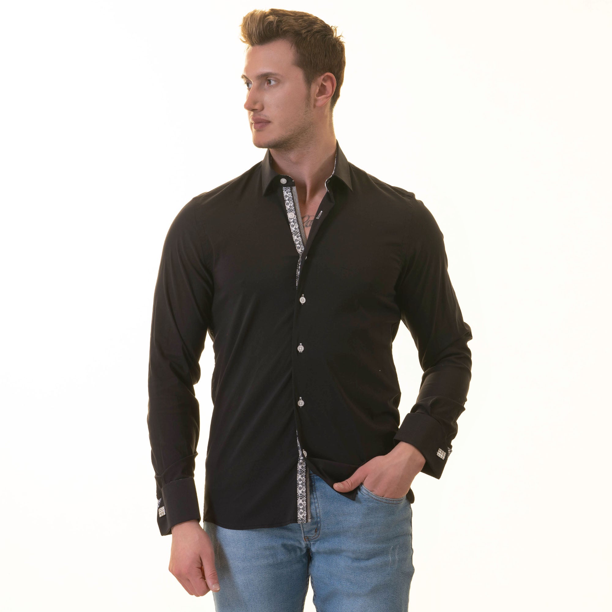 Black French Dubble Cuff Shirt - Slim Fit Long-Sleeved (Geometric Pattern Inside) - Image 4