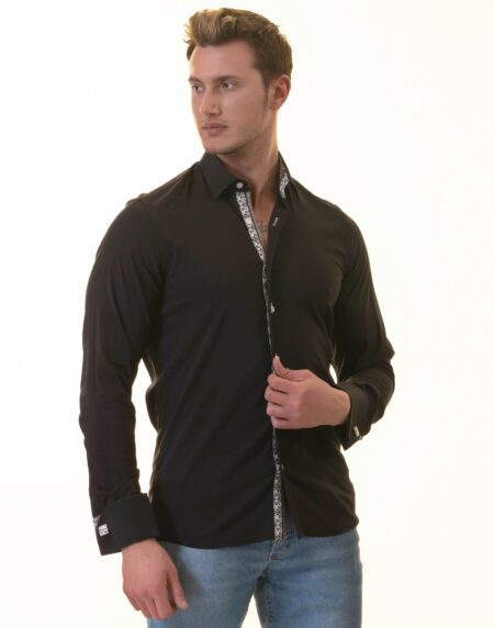 Black French Dubble Cuff Shirt – Slim Fit Long-Sleeved (Geometric Pattern Inside)
