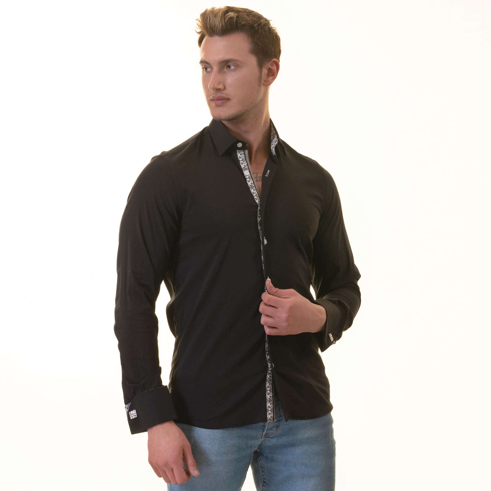 Black French Dubble Cuff Shirt - Slim Fit Long-Sleeved (Geometric Pattern Inside) - Image 5