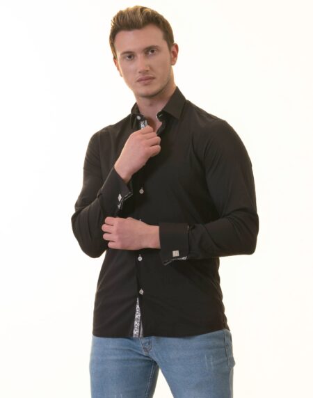 Black French Dubble Cuff Shirt – Slim Fit Long-Sleeved (Geometric Pattern Inside)
