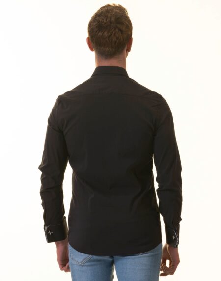Black French Dubble Cuff Shirt – Slim Fit Long-Sleeved (Geometric Pattern Inside)