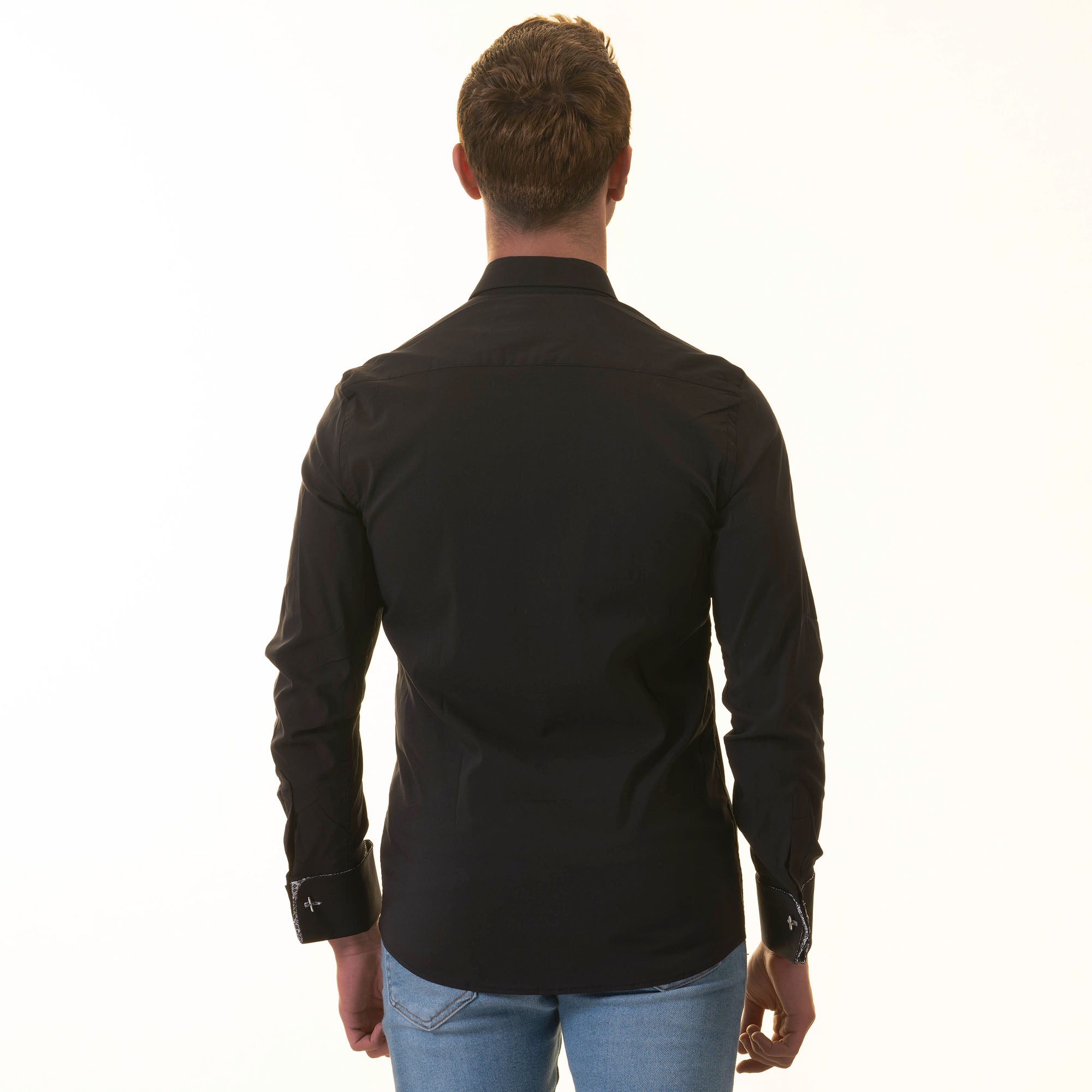 Black French Dubble Cuff Shirt - Slim Fit Long-Sleeved (Geometric Pattern Inside) - Image 7