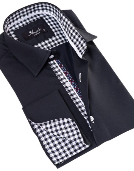 Black French Cuff Shirt – Men’s Slim Fit Long-Sleeved (Checkered Design Inside)