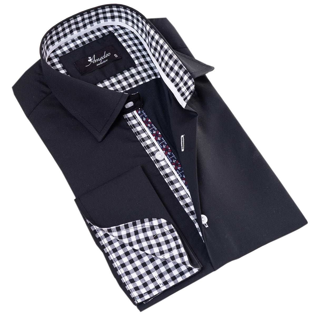 Black French Cuff Shirt – Men’s Slim Fit Long-Sleeved (Checkered Design Inside)