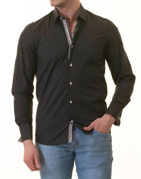 Black French Cuff Shirt – Men’s Slim Fit Long-Sleeved (Checkered Design Inside)