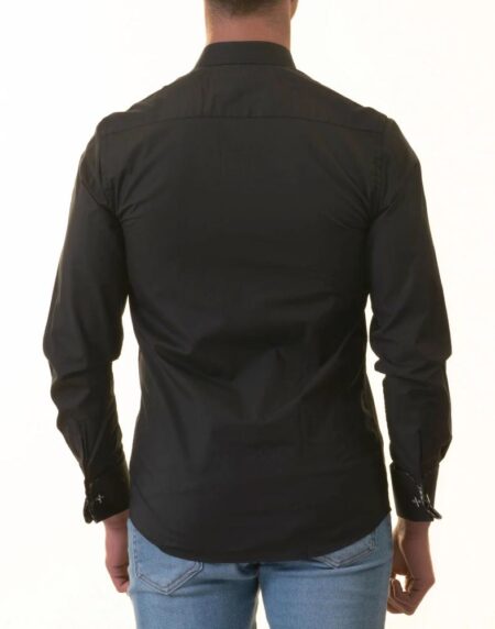 Black French Cuff Shirt – Men’s Slim Fit Long-Sleeved (Checkered Design Inside)
