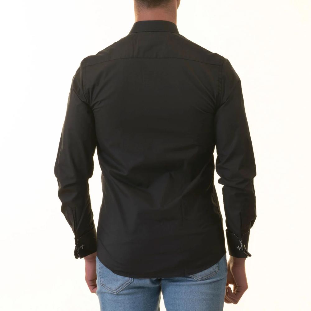 Black French Cuff Shirt - Men's Slim Fit Long-Sleeved (Checkered Design Inside) - Image 3