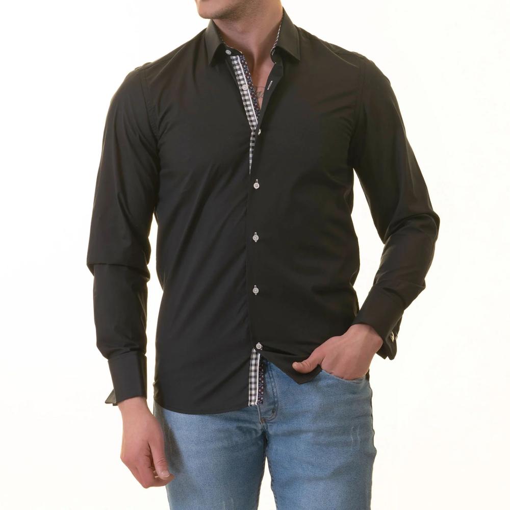 Black French Cuff Shirt - Men's Slim Fit Long-Sleeved (Checkered Design Inside) - Image 2