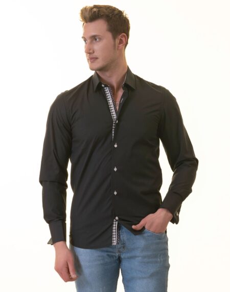 Black French Cuff Shirt – Men’s Slim Fit Long-Sleeved (Checkered Design Inside)