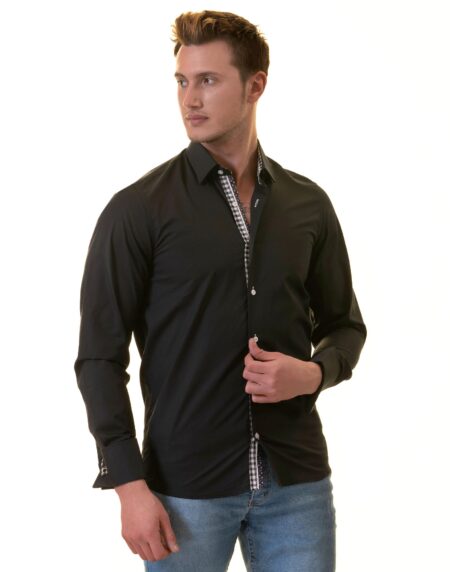 Black French Cuff Shirt – Men’s Slim Fit Long-Sleeved (Checkered Design Inside)
