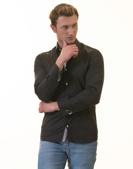 Black French Cuff Shirt – Men’s Slim Fit Long-Sleeved (Checkered Design Inside)