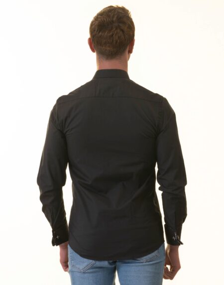 Black French Cuff Shirt – Men’s Slim Fit Long-Sleeved (Checkered Design Inside)