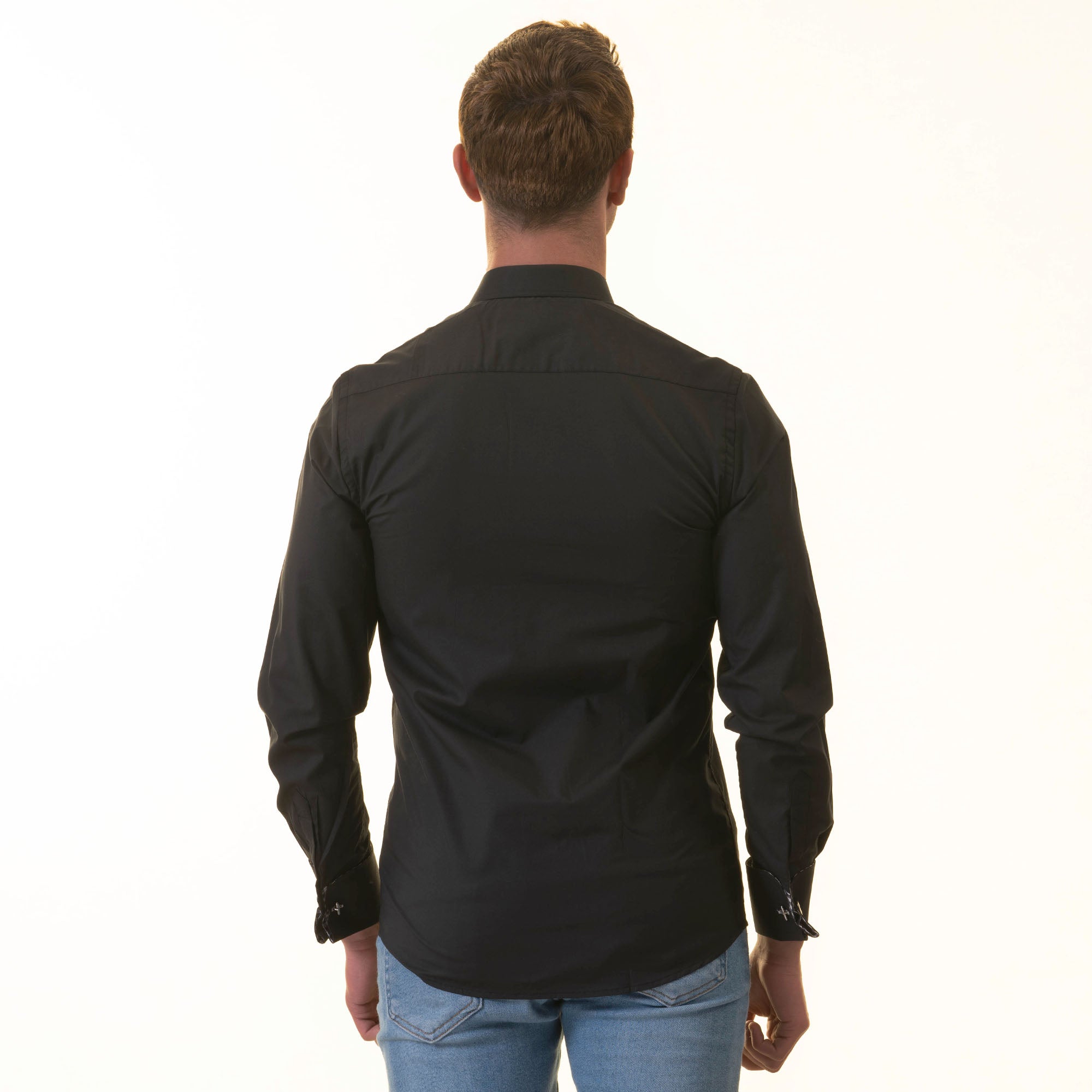Black French Cuff Shirt - Men's Slim Fit Long-Sleeved (Checkered Design Inside) - Image 4