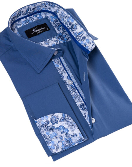 Blue French Cuff T-Shirt – Long Sleeve Slim Fit T-Shirt (Paisley Design Inside)