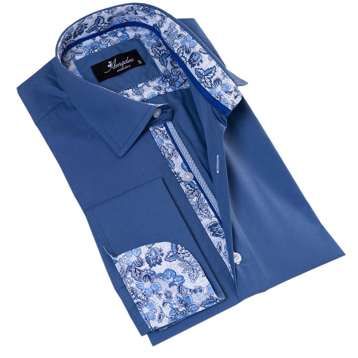 Blue French Cuff T-Shirt – Long Sleeve Slim Fit T-Shirt (Paisley Design Inside)