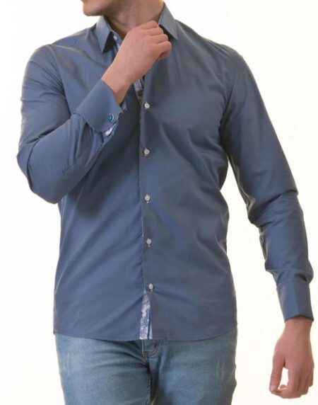 Blue French Cuff T-Shirt – Long Sleeve Slim Fit T-Shirt (Paisley Design Inside)