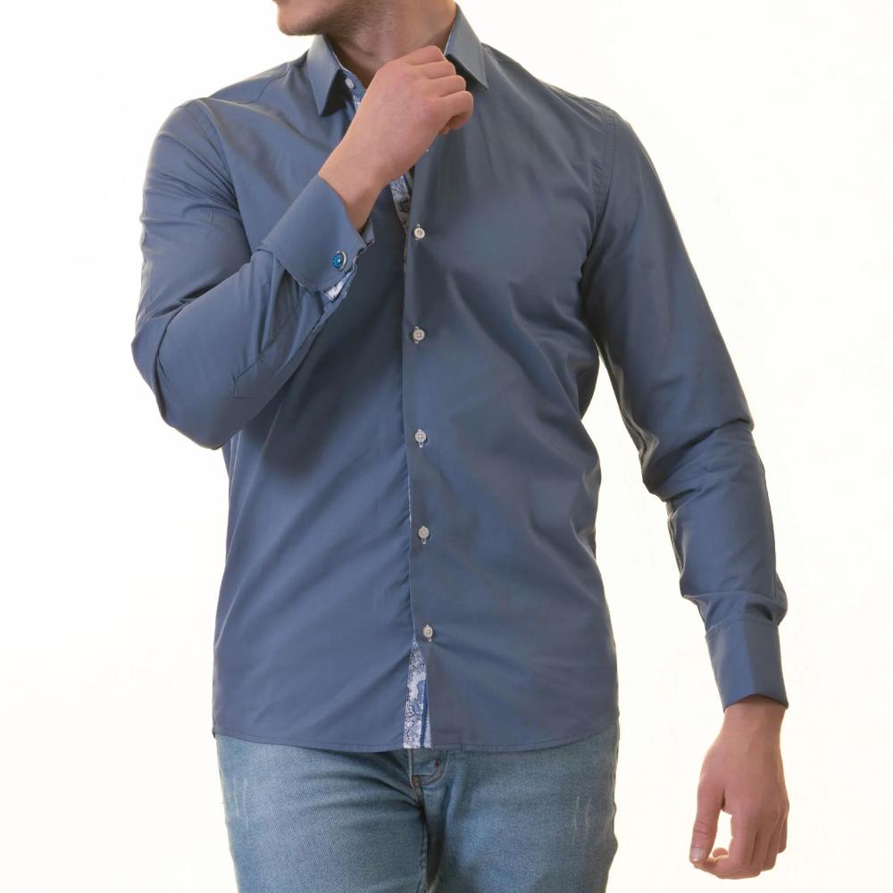 Blue French Cuff T-Shirt - Long Sleeve Slim Fit T-Shirt (Paisley Design Inside) - Image 2