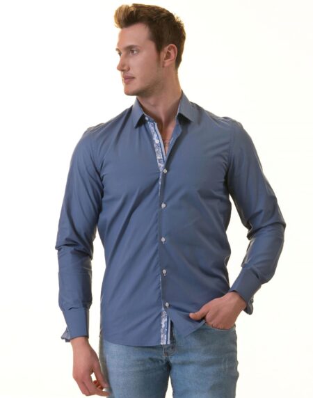 Blue French Cuff T-Shirt – Long Sleeve Slim Fit T-Shirt (Paisley Design Inside)