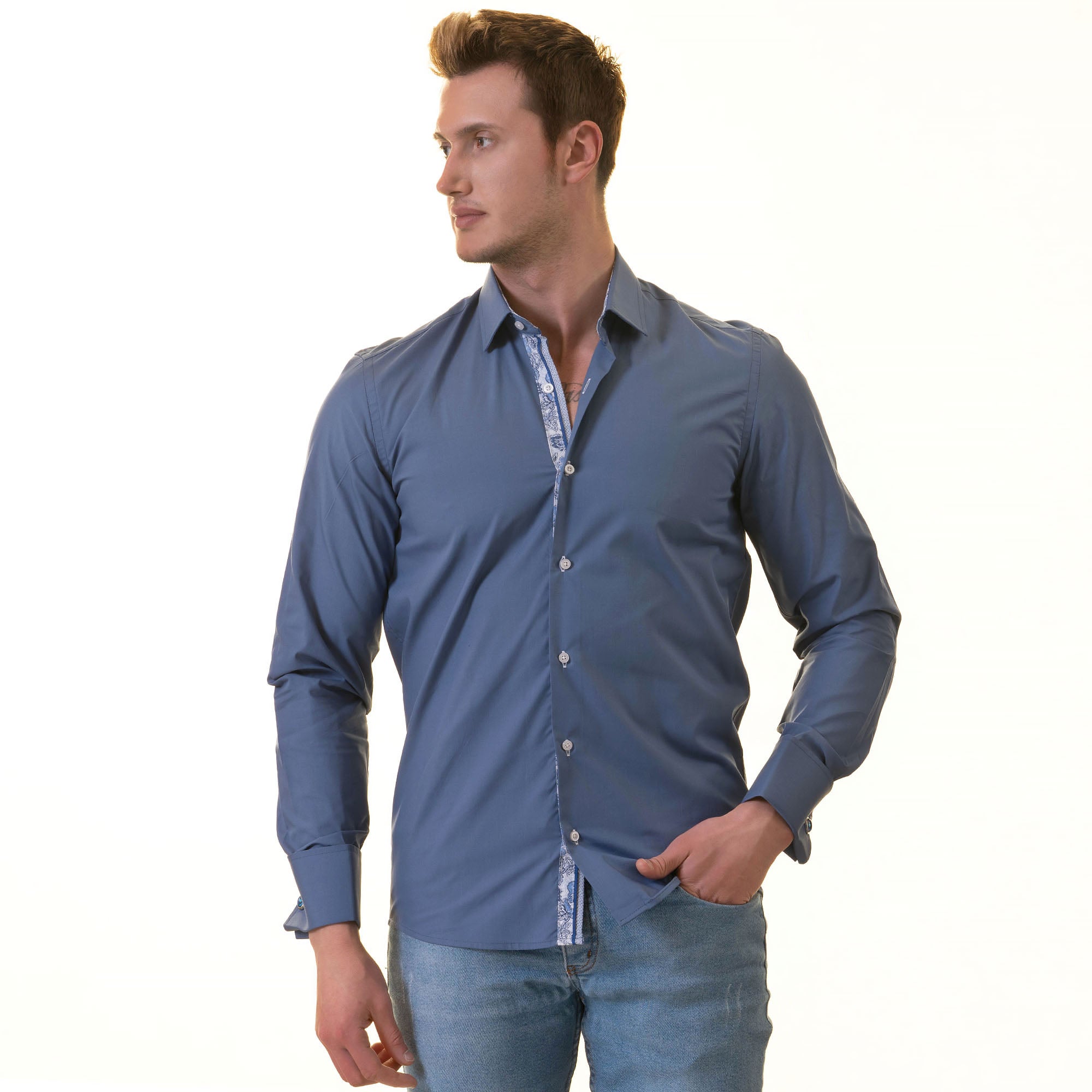 Blue French Cuff T-Shirt - Long Sleeve Slim Fit T-Shirt (Paisley Design Inside) - Image 4