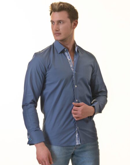 Blue French Cuff T-Shirt – Long Sleeve Slim Fit T-Shirt (Paisley Design Inside)