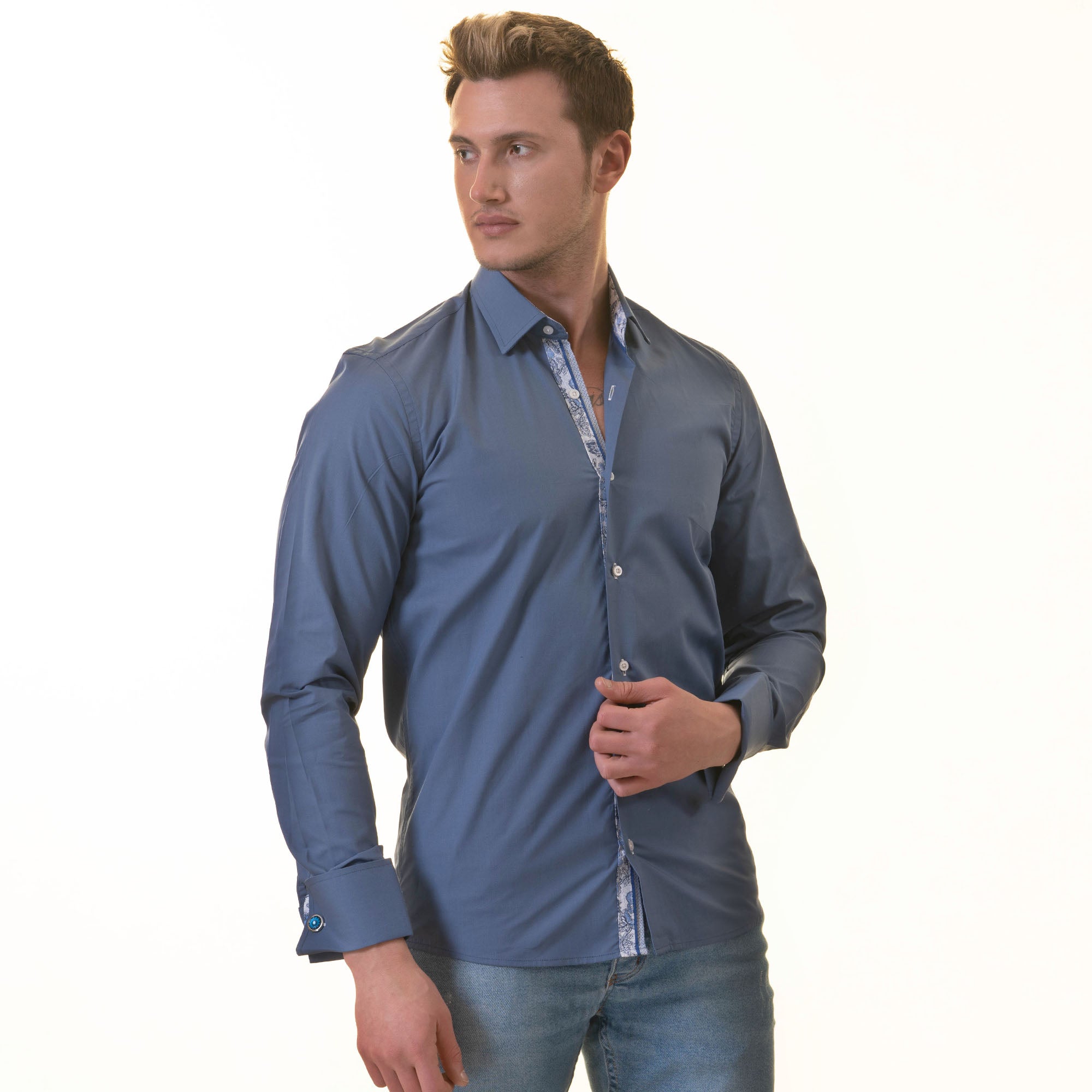 Blue French Cuff T-Shirt - Long Sleeve Slim Fit T-Shirt (Paisley Design Inside) - Image 5