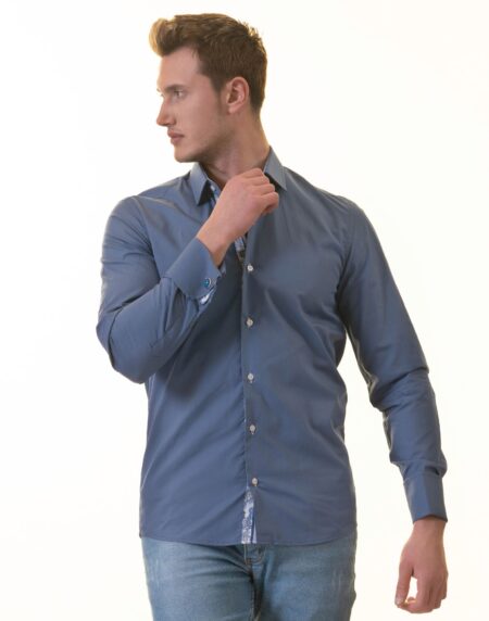 Blue French Cuff T-Shirt – Long Sleeve Slim Fit T-Shirt (Paisley Design Inside)