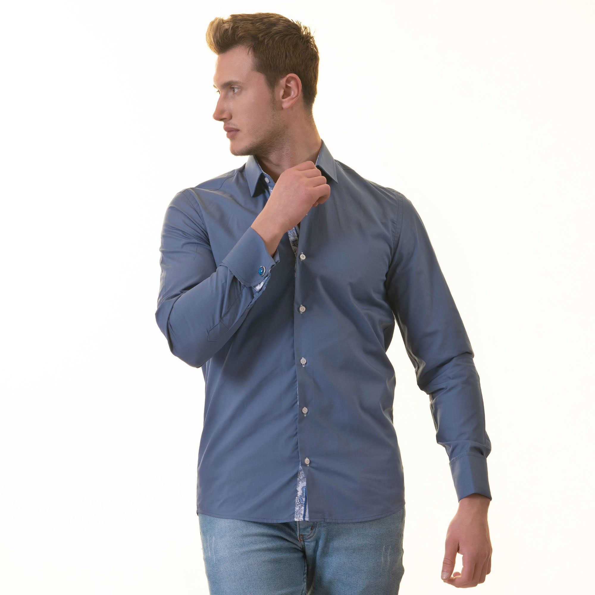 Blue French Cuff T-Shirt - Long Sleeve Slim Fit T-Shirt (Paisley Design Inside) - Image 6