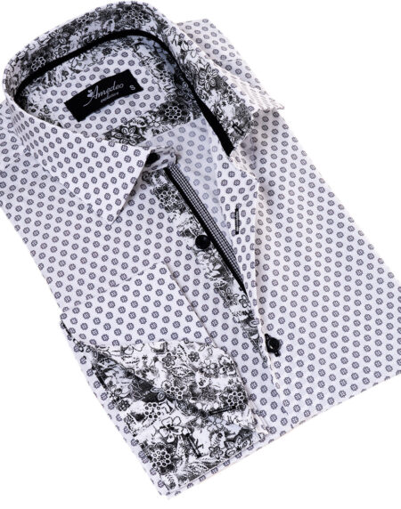 White Polka Dot Printed French Cuff T-Shirt – Men’s Long Sleeve Slim Fit T-Shirt