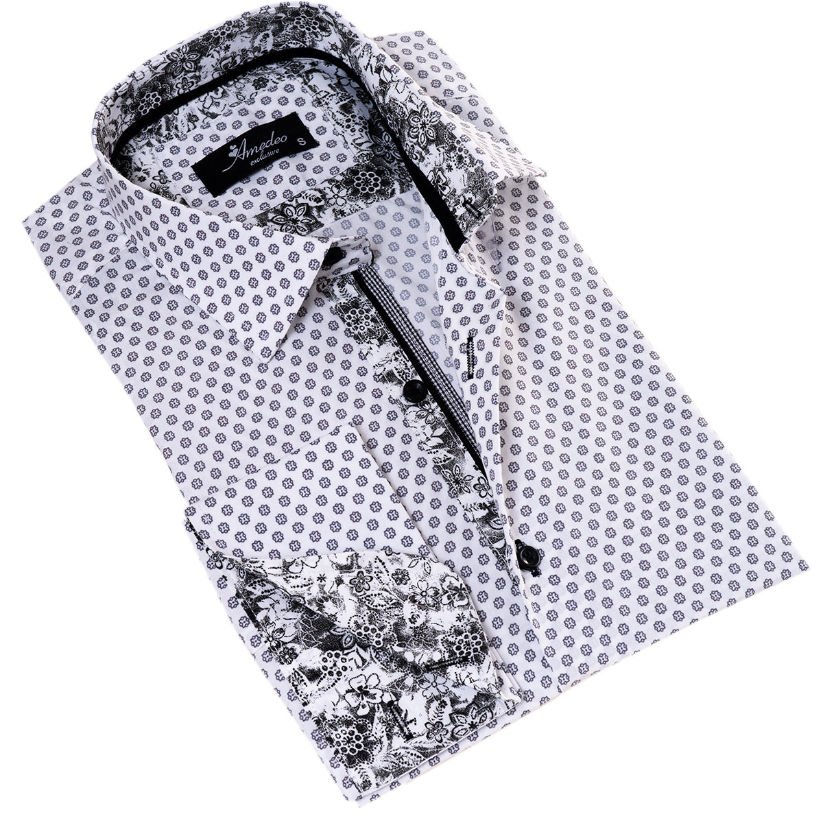 White Polka Dot Printed French Cuff T-Shirt – Men’s Long Sleeve Slim Fit T-Shirt