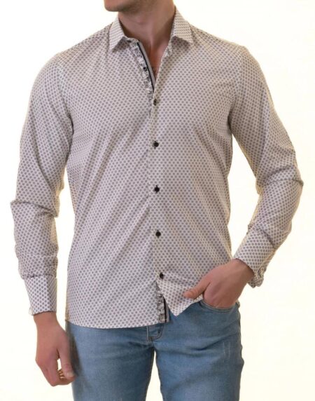 White Polka Dot Printed French Cuff T-Shirt – Men’s Long Sleeve Slim Fit T-Shirt