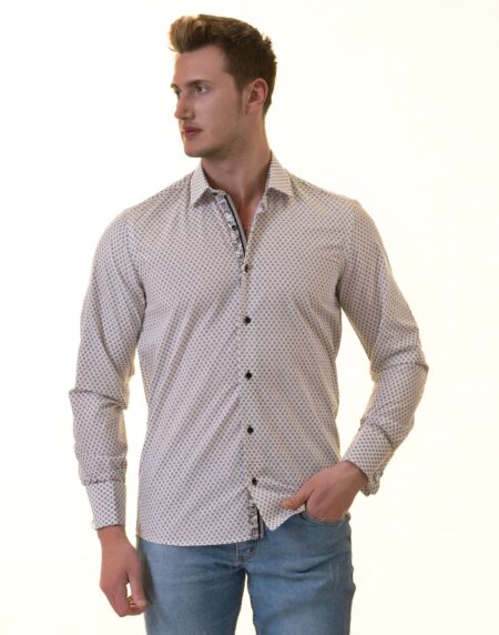 White Polka Dot Printed French Cuff T-Shirt – Men’s Long Sleeve Slim Fit T-Shirt