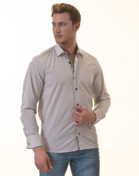 White Polka Dot Printed French Cuff T-Shirt – Men’s Long Sleeve Slim Fit T-Shirt