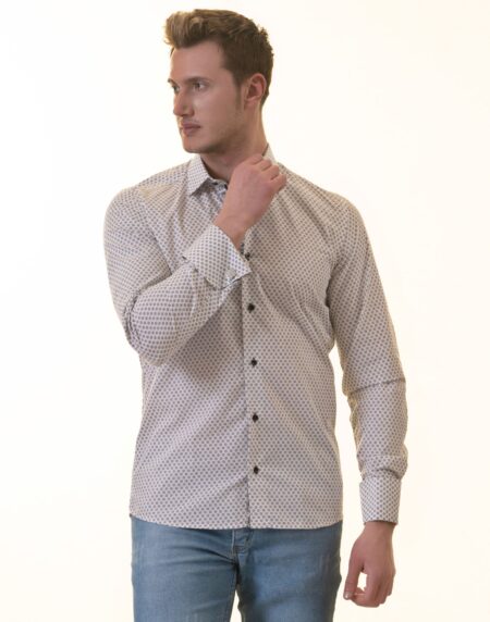 White Polka Dot Printed French Cuff T-Shirt – Men’s Long Sleeve Slim Fit T-Shirt