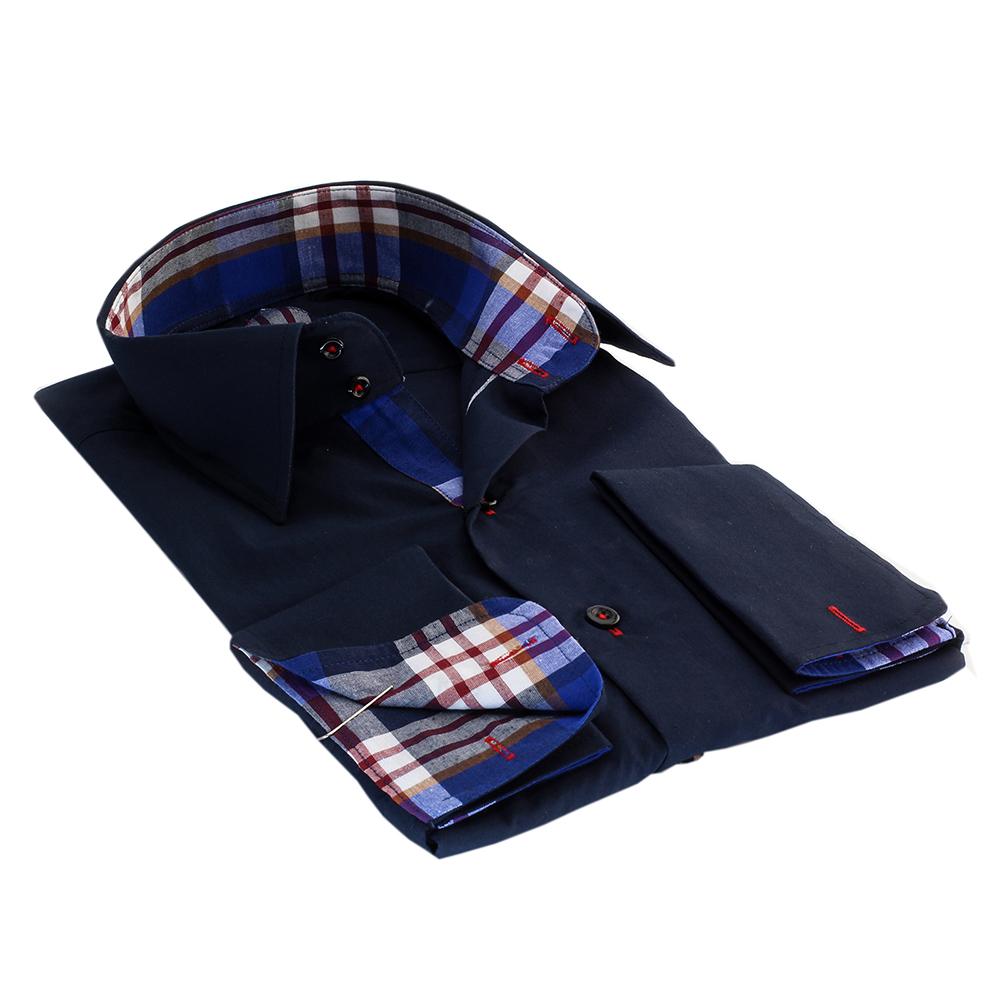 Navy Blue Red Check Mens Slim Fit French Cuff Dress Shirts with Cufflink Holes - Casual and Formal - Amedeo Exclusive