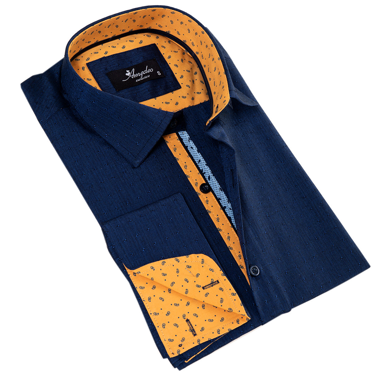 Navy/Yellow Checkered French Cuff T-Shirt - Men’s Long Sleeve Slim Fit T-Shirt