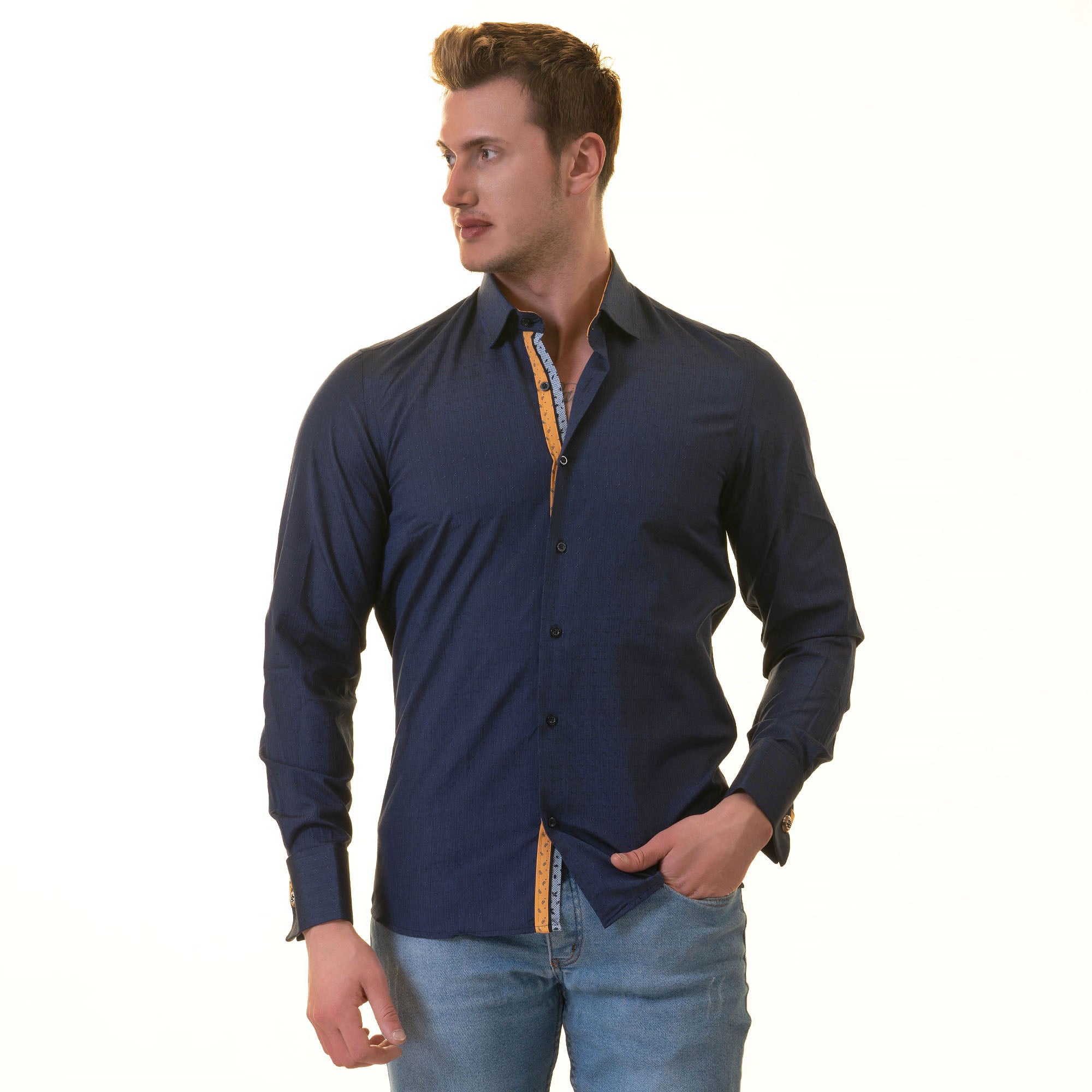 Navy/Yellow Checkered French Cuff T-Shirt - Men’s Long Sleeve Slim Fit T-Shirt - Image 2