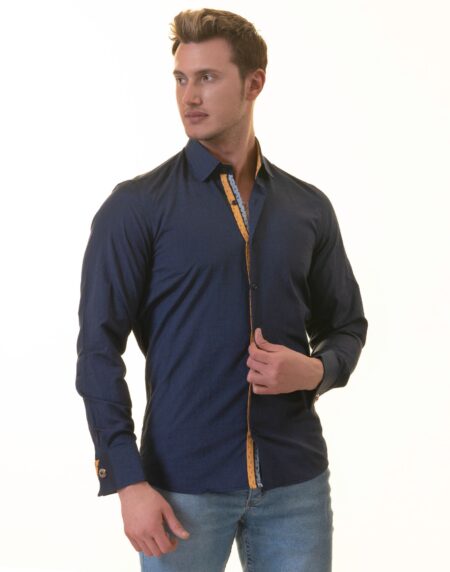 Navy/Yellow Checkered French Cuff T-Shirt – Men’s Long Sleeve Slim Fit T-Shirt