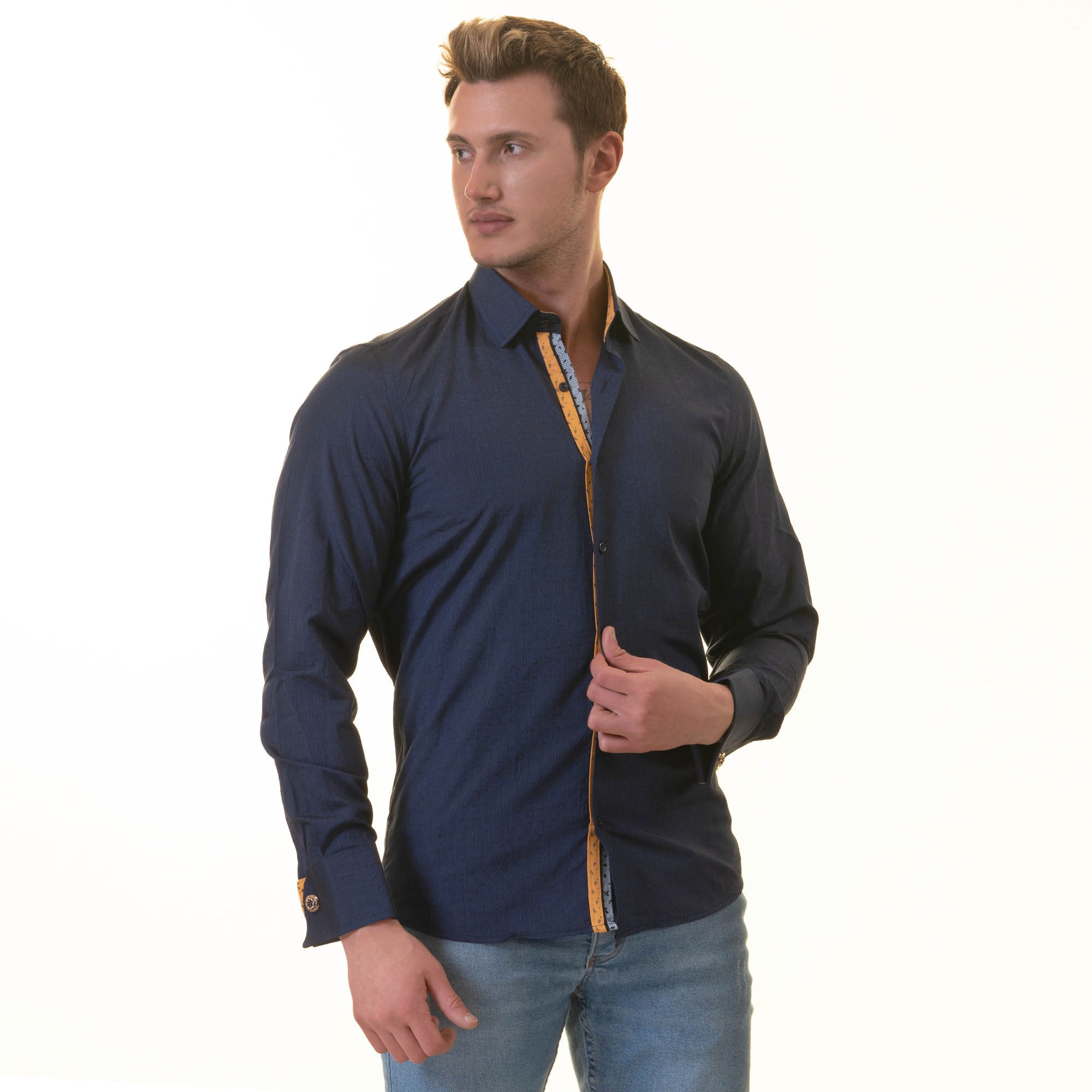 Navy/Yellow Checkered French Cuff T-Shirt - Men’s Long Sleeve Slim Fit T-Shirt - Image 3