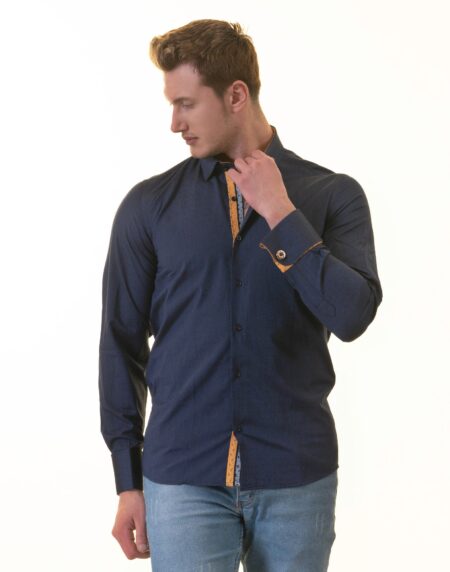 Navy/Yellow Checkered French Cuff T-Shirt – Men’s Long Sleeve Slim Fit T-Shirt