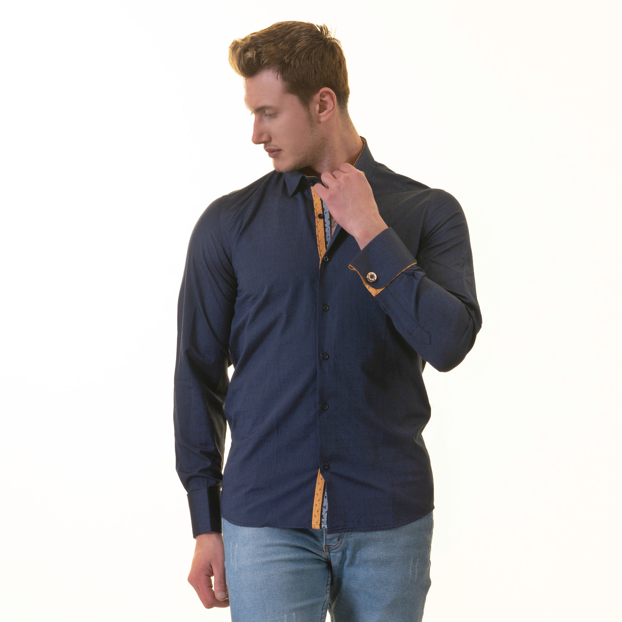 Navy/Yellow Checkered French Cuff T-Shirt - Men’s Long Sleeve Slim Fit T-Shirt - Image 4