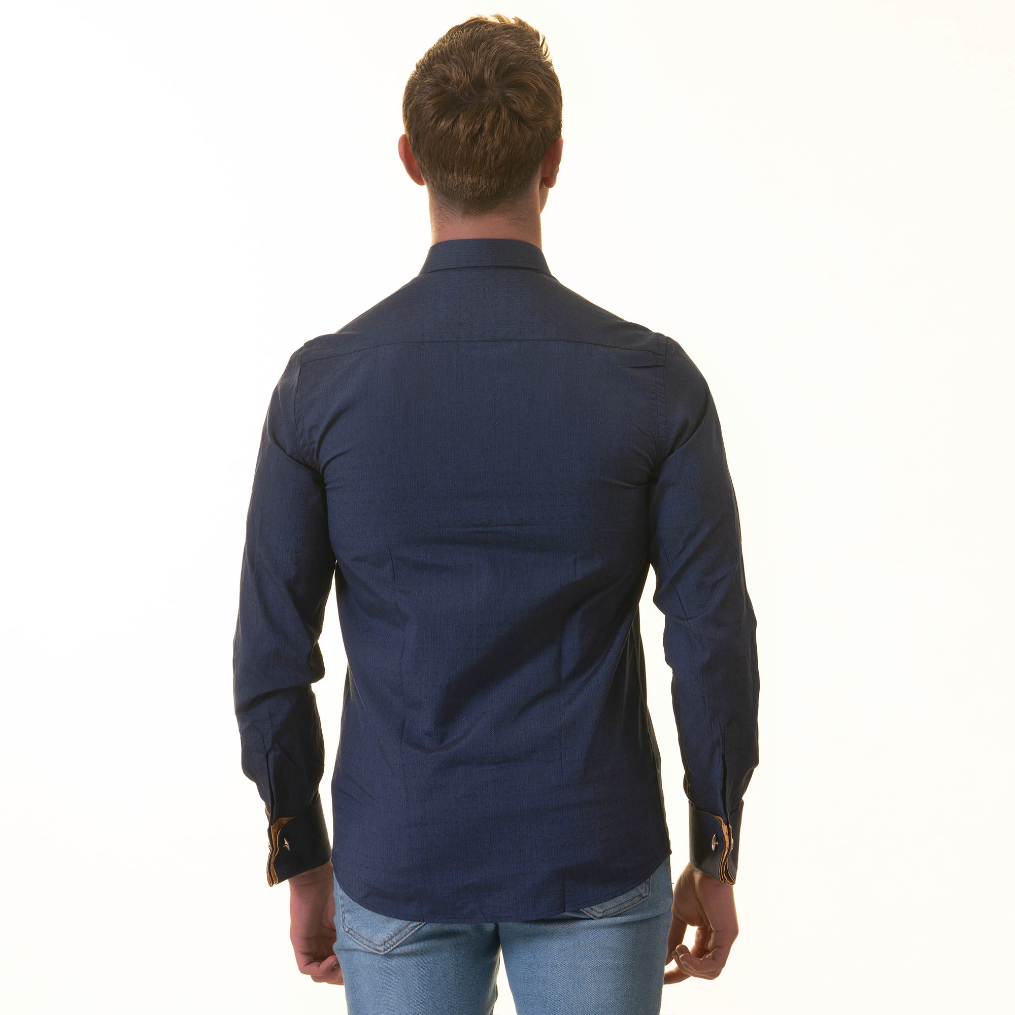Navy/Yellow Checkered French Cuff T-Shirt - Men’s Long Sleeve Slim Fit T-Shirt - Image 5
